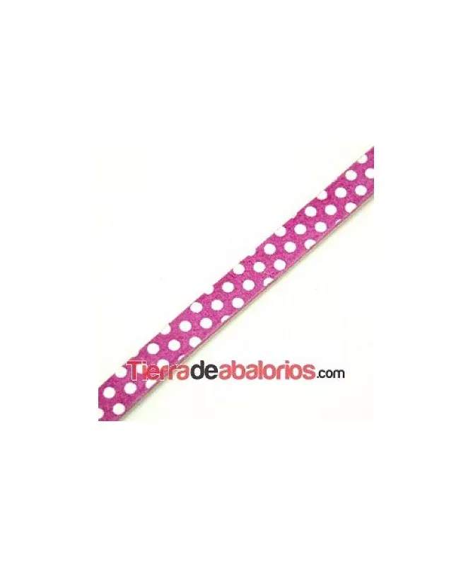 Cuero Plano Vaquetilla 10x2mm, Ante Fucsia Lunares Blancos