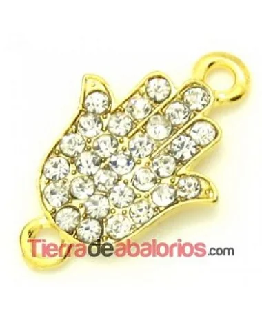 Conector Mano de Fátima Curvada 26x16mm con Strass, Dorado Conector Mano de Fátima Curvada 26x16mm con Strass, Dorado