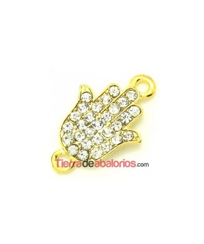 Conector Mano de Fátima Curvada 26x16mm con Strass, Dorado