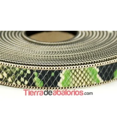 Tira Simil Serpiente 15mm Verde, Cadena Plateada (metro) Tira Simil Serpiente 15mm Verde, Cadena Plateada (metro)