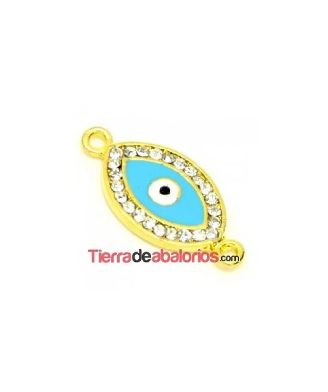 Ojo Turco Conector 34x16mm Dorado Esmalte Turquesa con Cristal Swarovski