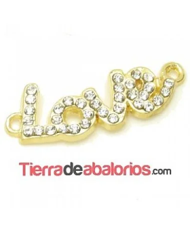 Conector Curvado Love 30x10mm con Strass, Dorado Conector Curvado Love 30x10mm con Strass, Dorado
