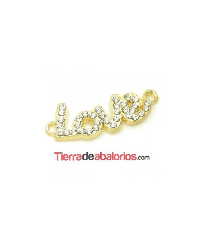 Conector Curvado Love 30x10mm con Strass, Dorado Conector Curvado Love 30x10mm con Strass, Dorado