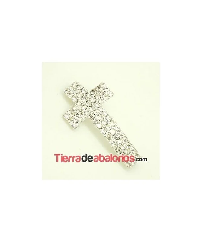 Cruz Curvada 36x20mm Agujero 3,5mm con Strass, Plateada