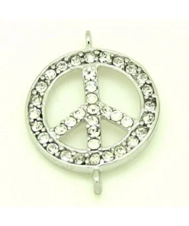Conector Simbolo de la Paz 30x22mm con Strass, Plateado Conector Simbolo de la Paz 30x22mm con Strass, Plateado