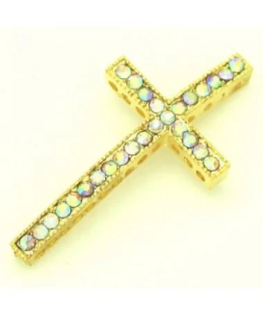 Cruz Curvada 45x24mm Con Swarovski Cristal AB, Dorada Cruz Curvada 45x24mm Con Swarovski Cristal AB, Dorada