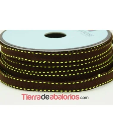 Lazo Gros Grain 10mm, Marrón Pespunte Pistacho
