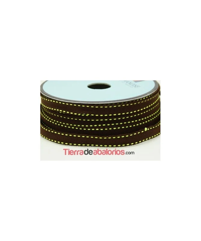Lazo Gros Grain 10mm, Marrón Pespunte Pistacho