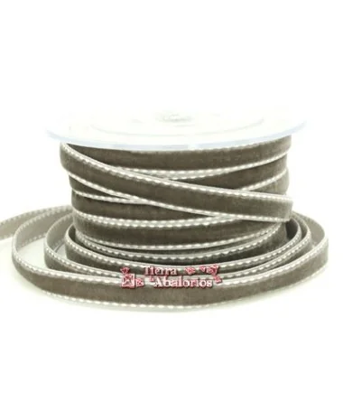 Lazo Terciopelo 10mm Gris Pespunte Blanco