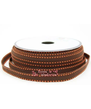 Lazo Gros Grain 10mm, Marrón Chocolate Pespunte Naranja