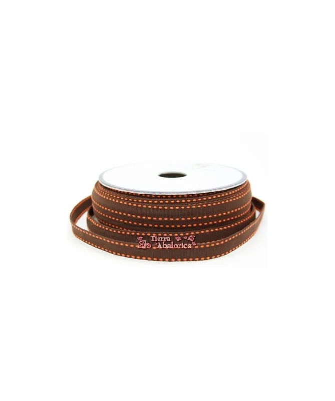 Lazo Gros Grain 10mm, Marrón Chocolate Pespunte Naranja