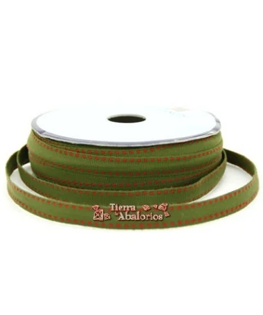 Lazo Gros Grain 10mm, Verde Khaki Pespunte Granate