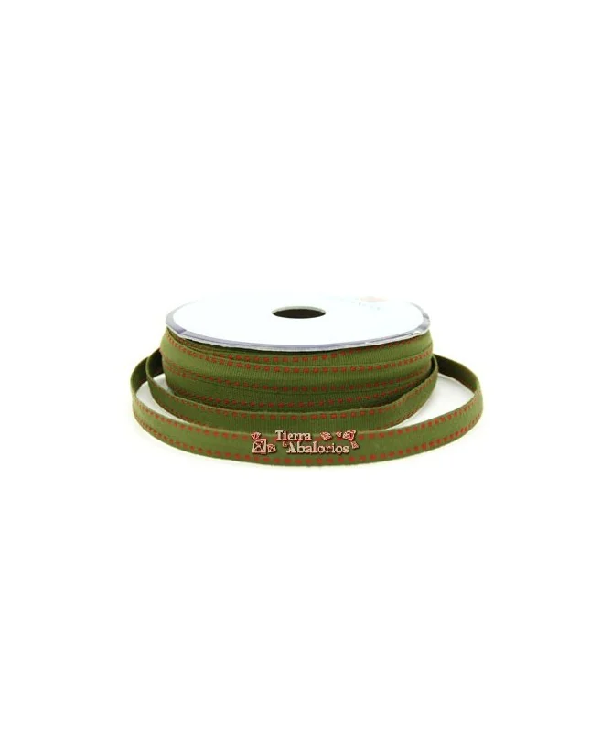 Lazo Gros Grain 10mm, Verde Khaki Pespunte Granate