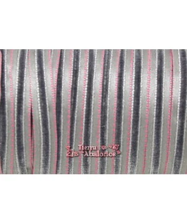 Lazo 10mm Gris Pespunte Fucsia, Centro de Terciopelo Lazo 10mm Gris Pespunte Fucsia, Centro de Terciopelo