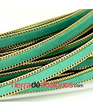 Tira de Serraje Afelpado 10mm Verde Menta con Cadena Dorada Tira de Serraje Afelpado 10mm Verde Menta con Cadena Dorada