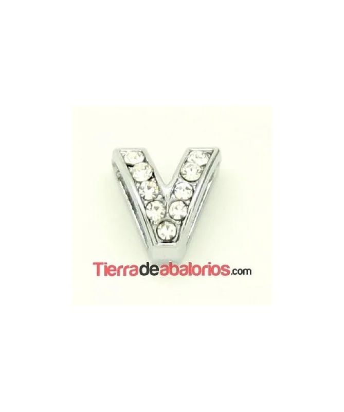 Entrepieza Letra V con Strass 10x8mm, Agujero 8x3mm