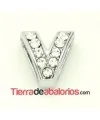 Entrepieza Letra V con Strass 10x8mm, Agujero 8x3mm