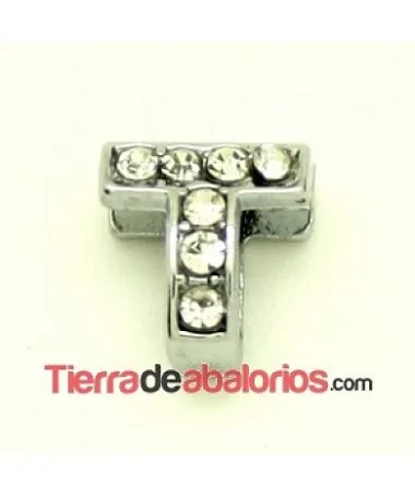 Entrepieza Letra T con Strass 10x8mm, Agujero 8x3mm