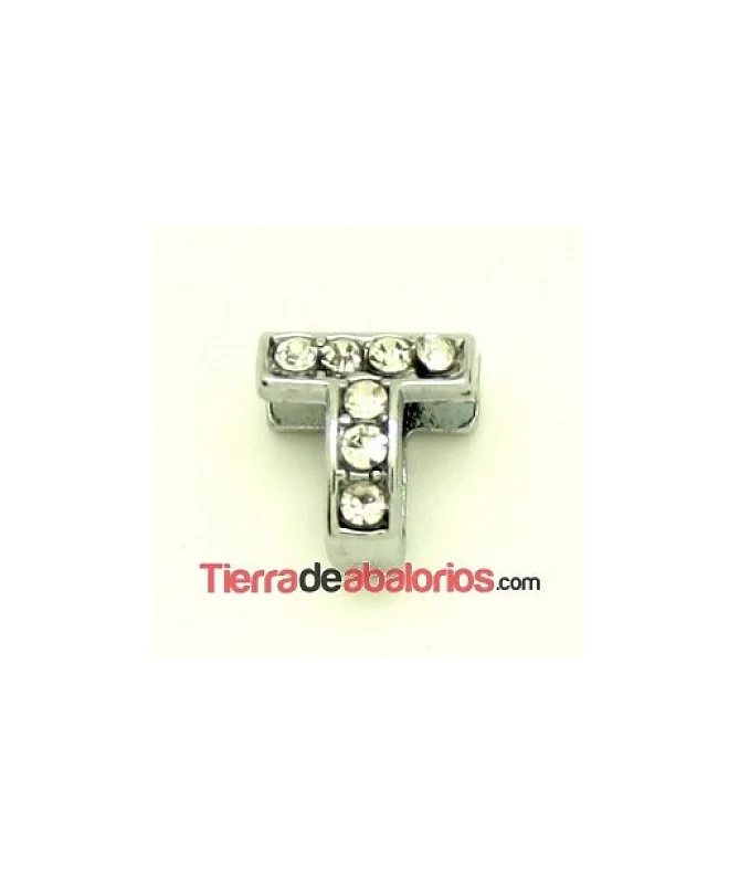 Entrepieza Letra T con Strass 10x8mm, Agujero 8x3mm