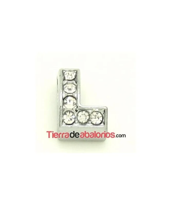 Entrepieza Letra L con Strass 10x8mm, Agujero 8x3mm