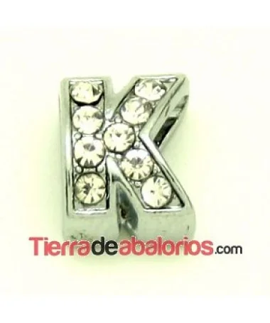 Entrepieza Letra K con Strass 10x8mm, Agujero 8x3mm