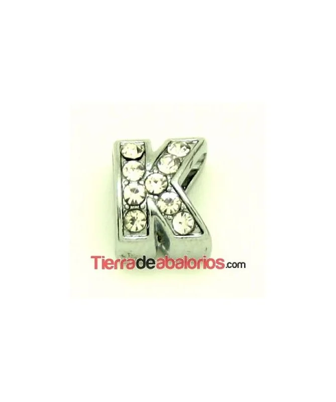 Entrepieza Letra K con Strass 10x8mm, Agujero 8x3mm