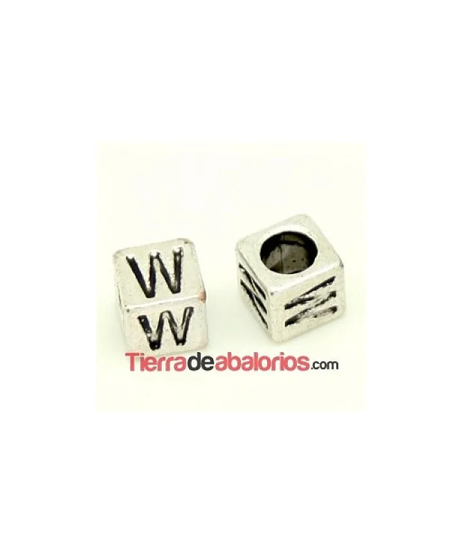 Entrepieza Cubo Letra W 7x7mm, Agujero 4,6mm, Plateado