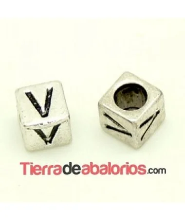 Entrepieza Cubo Letra V 7x7mm, Agujero 4,6mm, Plateado