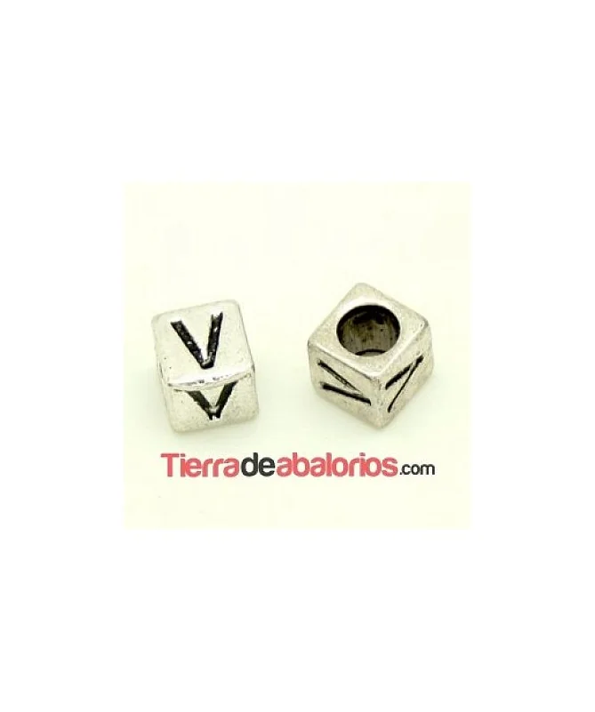 Entrepieza Cubo Letra V 7x7mm, Agujero 4,6mm, Plateado