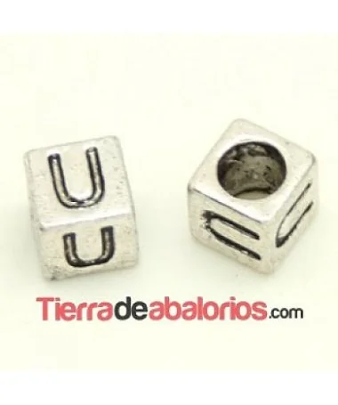 Entrepieza Cubo Letra U 7x7mm, Agujero 4,6mm, Plateado