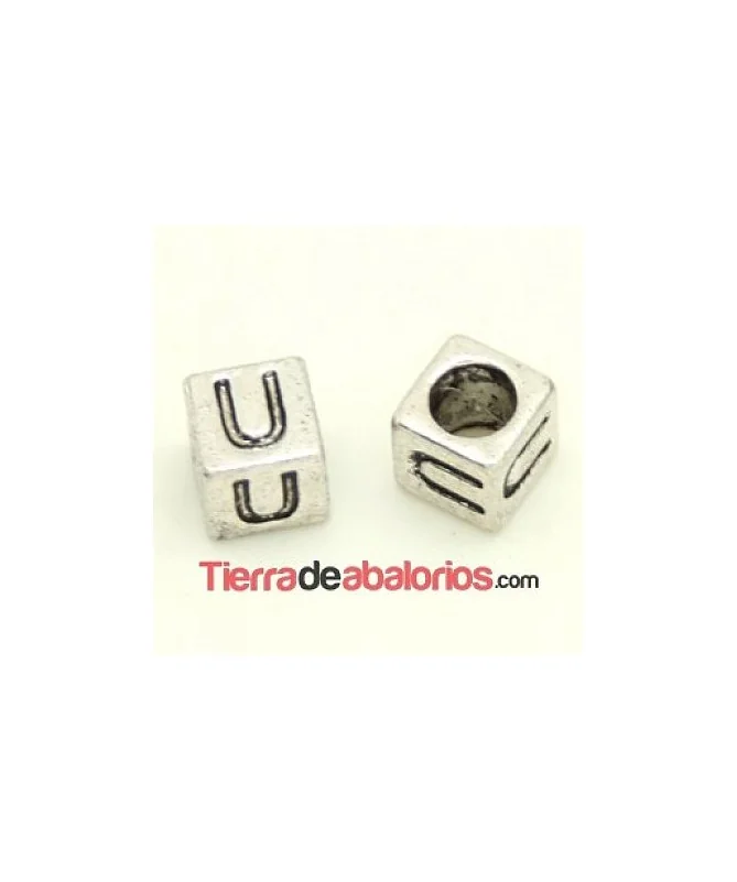 Entrepieza Cubo Letra U 7x7mm, Agujero 4,6mm, Plateado