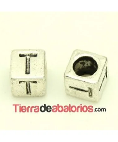 Entrepieza Cubo Letra T 7x7mm, Agujero 4,6mm, Plateado