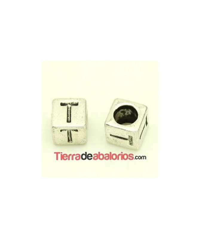 Entrepieza Cubo Letra T 7x7mm, Agujero 4,6mm, Plateado