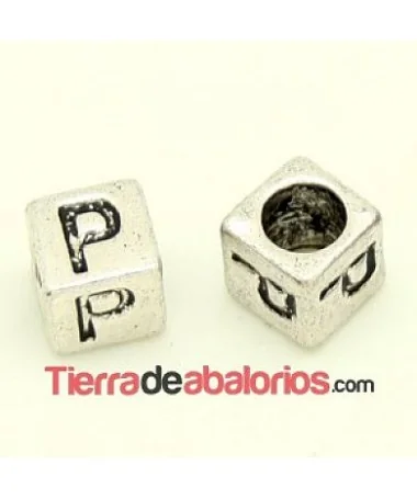 Entrepieza Cubo Letra P 7x7mm, Agujero 4,6mm, Plateado