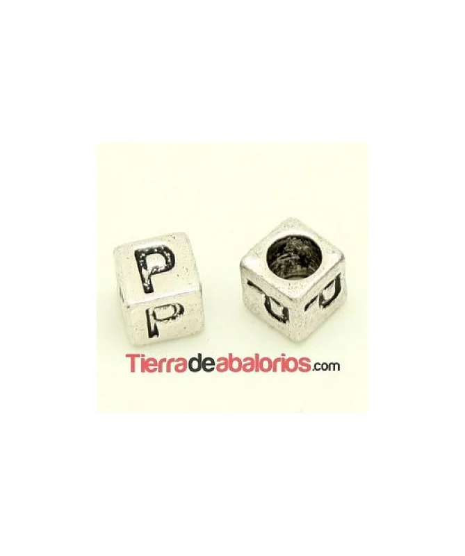 Entrepieza Cubo Letra P 7x7mm, Agujero 4,6mm, Plateado