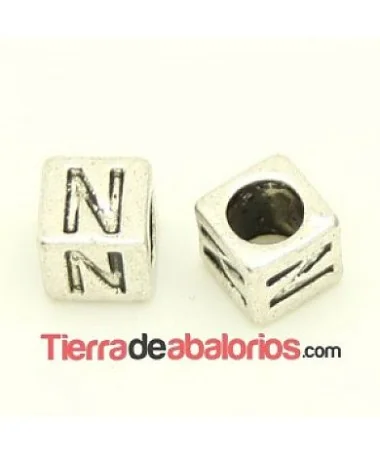 Entrepieza Cubo Letra N 7x7mm, Agujero 4,6mm, Plateado