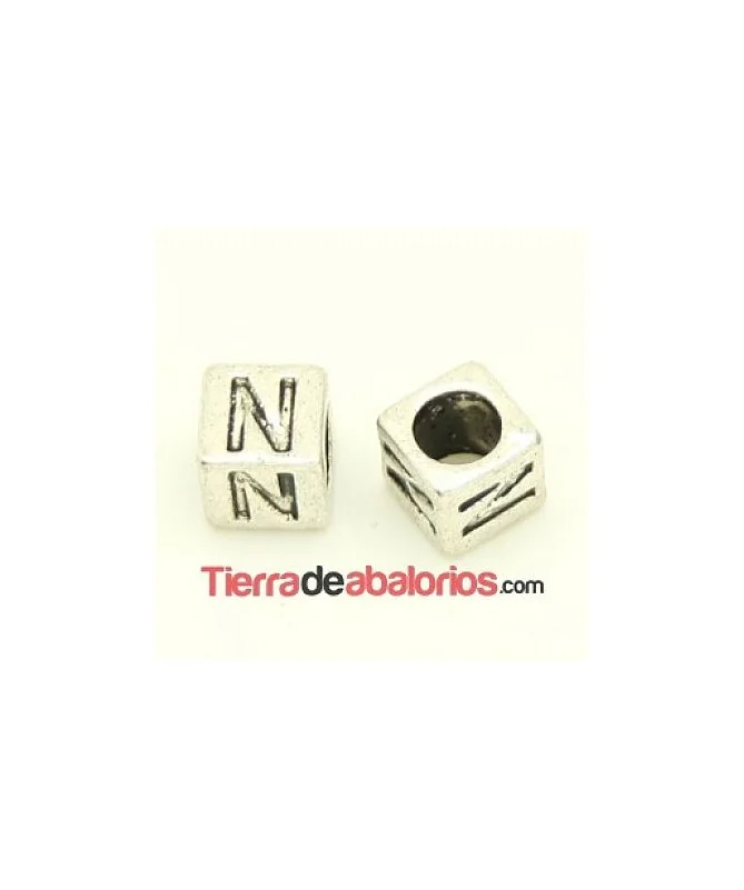 Entrepieza Cubo Letra N 7x7mm, Agujero 4,6mm, Plateado