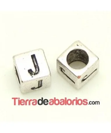 Entrepieza Cubo Letra J 7x7mm, Agujero 4,6mm, Plateado