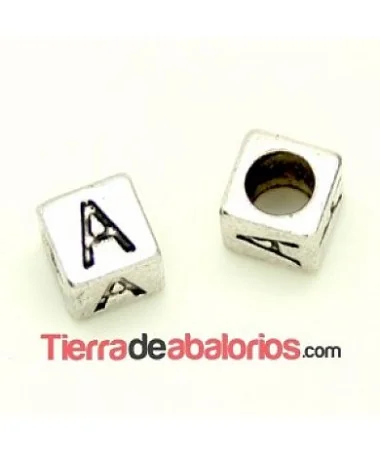 Entrepieza Cubo Letra A 7x7mm, Agujero 4,6mm, Plateado