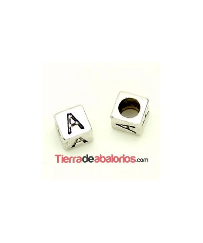 Entrepieza Cubo Letra A 7x7mm, Agujero 4,6mm, Plateado