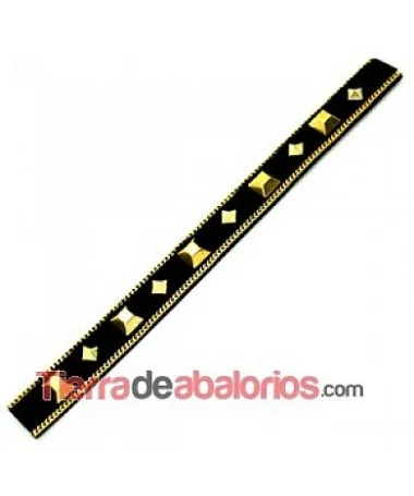 Tira de Potro 15mm Negra, Cadena y Remache Pirámide Dorado