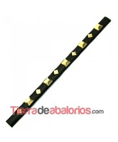 Tira de Cuero Media Caña Negro con Remaches Pirámides Dorado Tira de Cuero Media Caña Negro con Remaches Pirámides Dorado