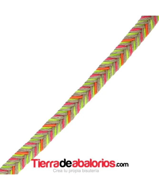 Cordón de Algodón Trenzado Plano 10x2mm Beige y Neón