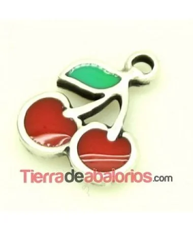 Colgante Cerezas 14x12mm con Anilla, Plateado con Esmaltado Colgante Cerezas 14x12mm con Anilla, Plateado con Esmaltado
