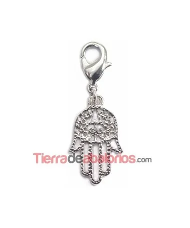 Colgante Mano de Fátima 20x12mm con Mosquetón, Plateado Colgante Mano de Fátima 20x12mm con Mosquetón, Plateado