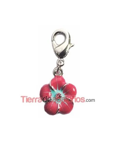 Colgante Flor 15x12mm con Mosquetón, Plateado y Fucsia