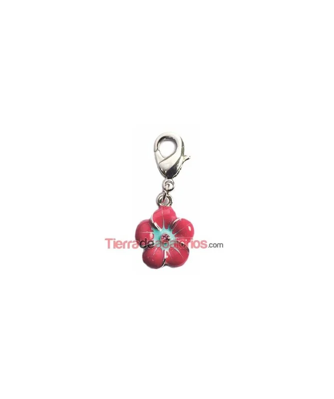 Colgante Flor 15x12mm con Mosquetón, Plateado y Fucsia