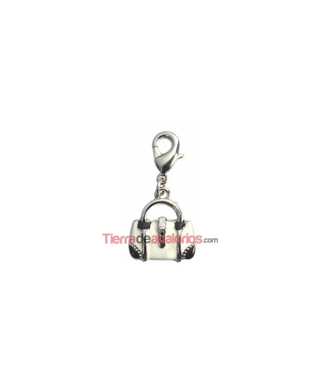 Colgante Bolsito 16x15mm, Plateado Esmaltado Negro y Blanco