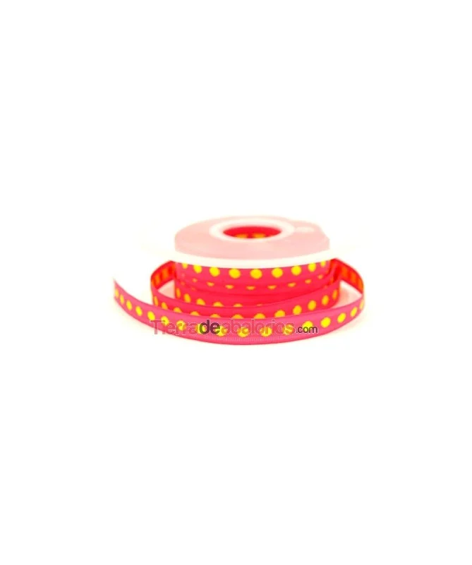 Lazo 10mm Fucsia Lunares Amarillos