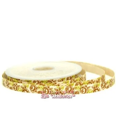 Lazo Duquesa 10mm Beige Tostado Flores Verdes y Marrón